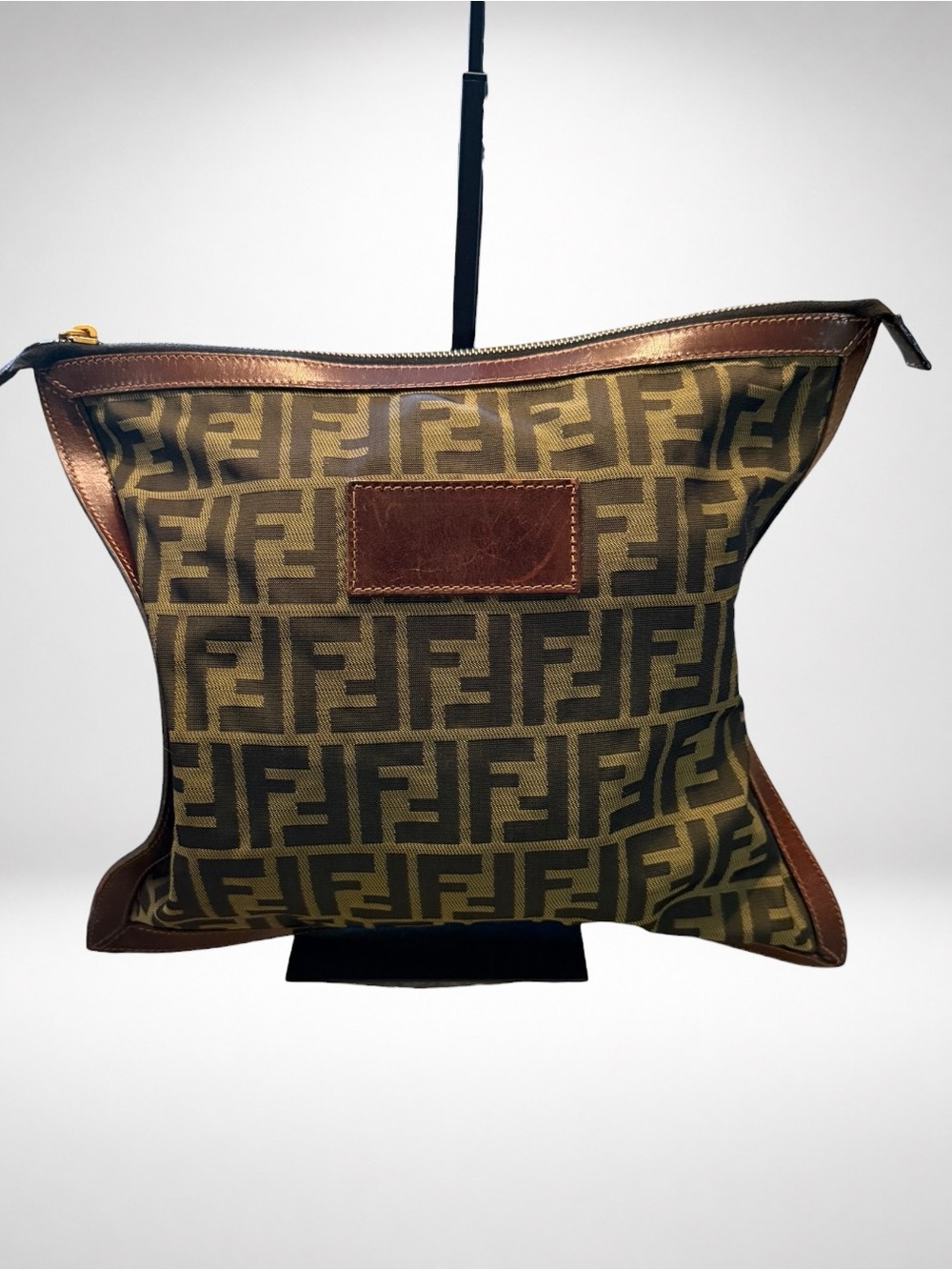 Fendi Zucca FF Monogram Brown Clutch Pouch Toiletry Makeup Bag Zip Top Leather